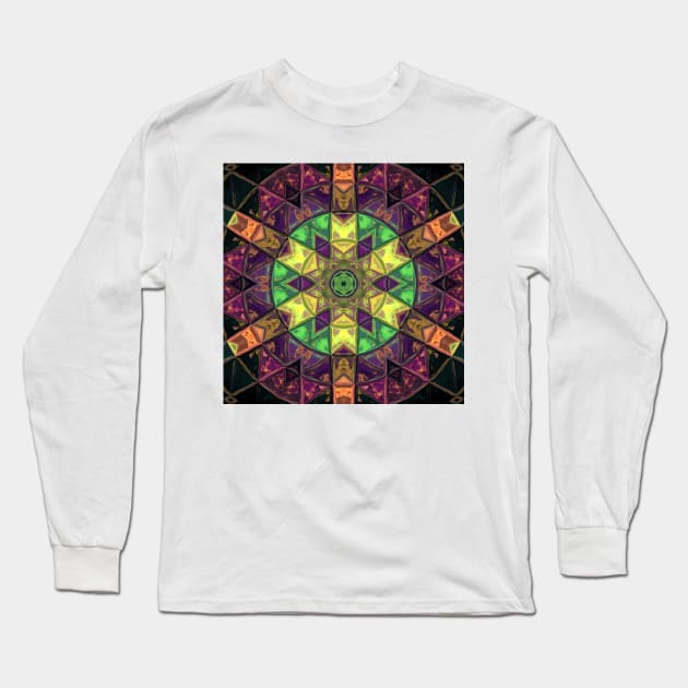 Mosaic Kaleidoscope Flower Green Yellow and Purple Long Sleeve T-Shirt by WormholeOrbital